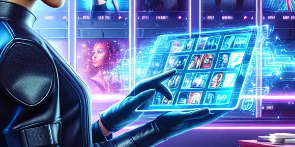 A futuristic delivery service featuring a stylish courier with a tablet showcasing diverse adult film thumbnails in a neon-lit office.