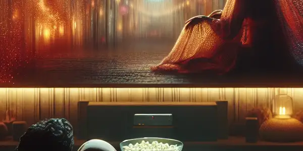 A cozy home theater scene with a couple watching a film, surrounded by soft lighting and popcorn.