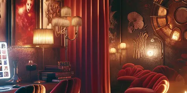 A dimly lit cozy room with a glowing computer screen displaying vibrant erotic art, inviting curiosity and allure.