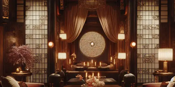 A luxurious, dimly-lit virtual room showcasing elegant decor and a modern interface for adult films.