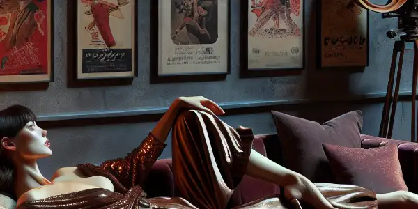 A cozy, dimly lit room with a gender-neutral figure enjoying a classic Japanese AV film on a vintage projector.