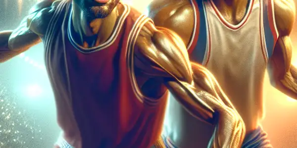 Two charismatic basketball stars compete passionately on a vibrant court, surrounded by an electrifying crowd.