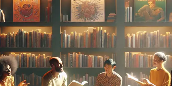 A cozy, dimly lit room where diverse individuals share erotic literature and films in an intimate setting.