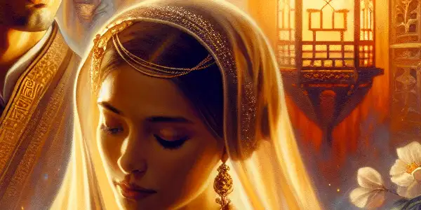 A serene, intimate scene featuring two characters expressing passion and desire in a softly lit, romantic setting.