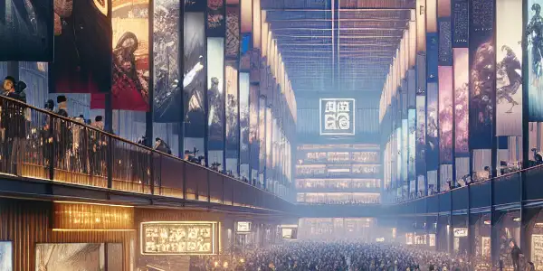 A vibrant adult entertainment expo featuring diverse attendees engaging with displays and screens showcasing Japanese AV cinema.