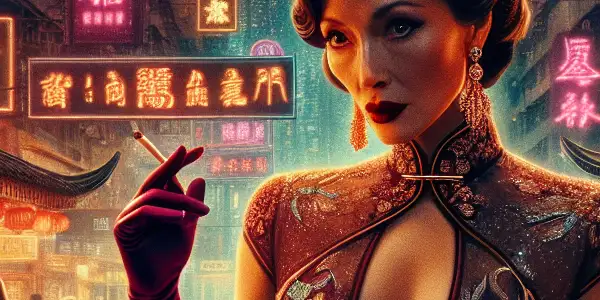 A glamorous actress in a provocative outfit against a vibrant Hong Kong cityscape, embodying the allure of adult cinema.