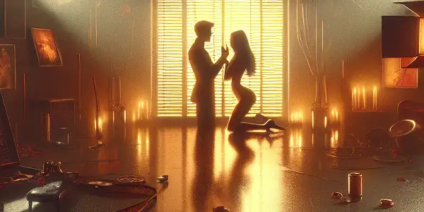 Silhouettes of two characters in a dimly lit film set, symbolizing tension and allure in adult cinema.