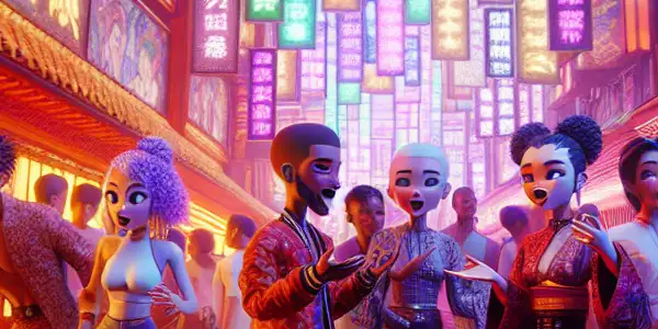 A vibrant anime marketplace bustling with diverse characters and colorful banners, showcasing adult-themed titles and lively interactions.