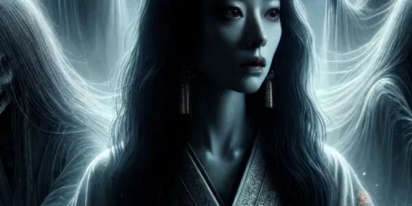 A mysterious female figure surrounded by ghostly spirits in a misty forest, blending eroticism and supernatural horror.