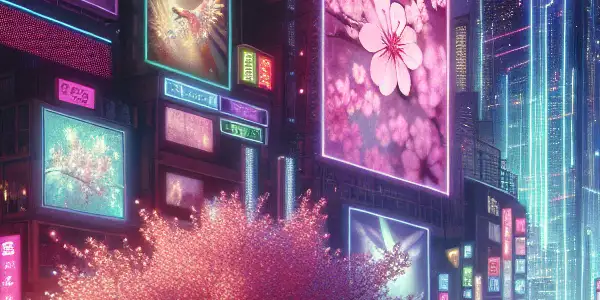 A vibrant neon-lit cityscape inspired by Tokyo, showcasing diverse people enjoying nightlife amidst cherry blossoms and digital displays.