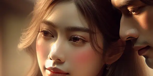 An intimate moment between a couple in a softly lit Japanese garden, conveying vulnerability and deep emotional connection.