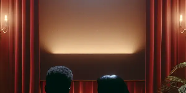 A cozy, dimly lit room with a vintage projector, silhouettes on a velvet couch, and erotic film posters.