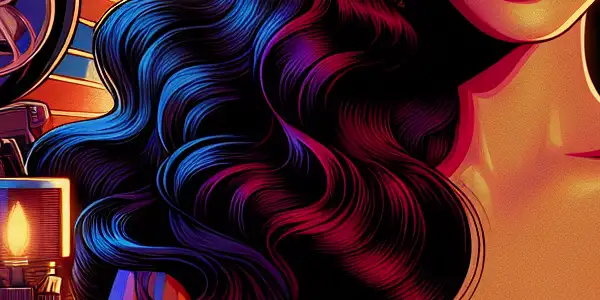 A glamorous portrayal of 萧美娘 in a vibrant 1990s Japanese adult film setting, surrounded by vintage film elements.