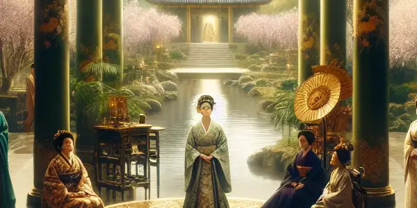 A powerful female protagonist surrounded by diverse women in an opulent palace garden, embodying ambition and intrigue.