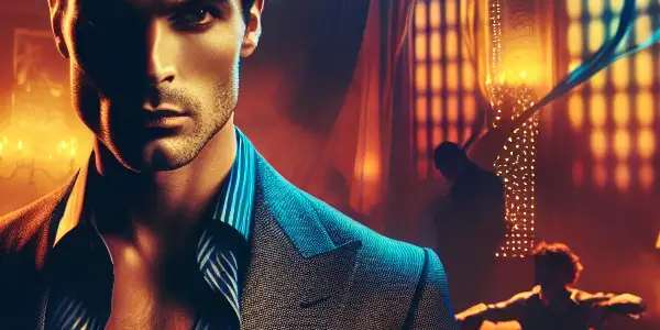A dramatic night scene featuring a male actor with intense emotion in a luxurious, intimate setting, evoking themes of desire.