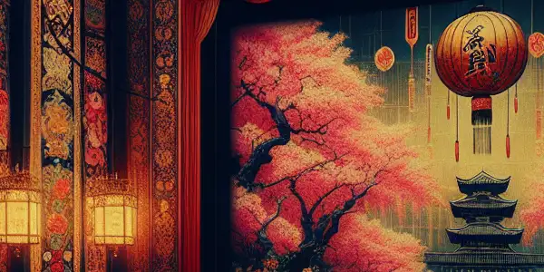 A vibrant film festival scene blending Russian and Japanese cultural elements, showcasing a diverse audience captivated by adult cinema.