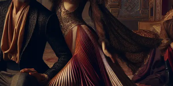 A passionate moment between two elegantly dressed characters in a luxurious, opulent ballroom setting.