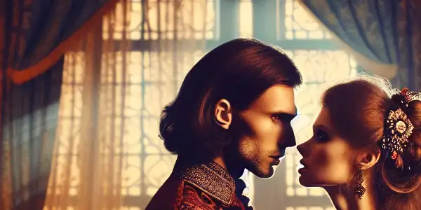 A passionate couple embraces in a vintage Russian interior, surrounded by ornate decor and warm candlelight.