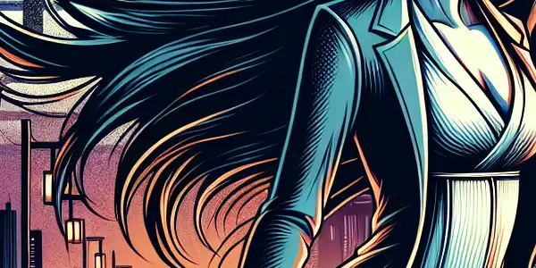 A confident female assassin in a sleek outfit poses against a neon-lit urban backdrop, blending danger and seduction.