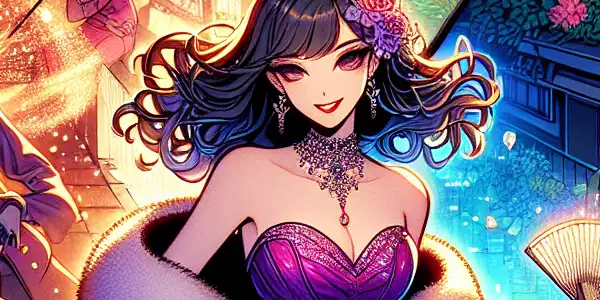 A charismatic female protagonist transitions through vibrant worlds, embodying intrigue and adventure in a fantasy setting.