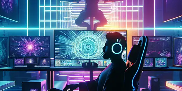 A futuristic room filled with screens displaying abstract adult film visuals, featuring a relaxed figure in a gaming chair.