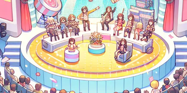 A lively studio set for an adult-themed variety show featuring diverse characters, playful games, and vibrant decorations.