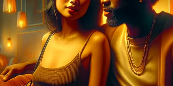A cozy room with two diverse characters engaged in a deep conversation about relationships and intimacy.