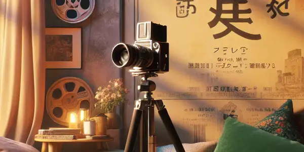 A cozy, intimate room with soft lighting, stylish camera, and hints of sensual exploration and self-expression.