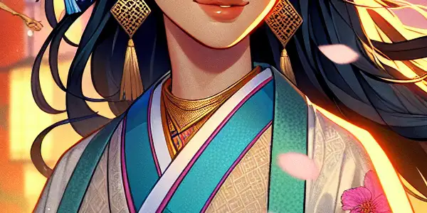 A vibrant Japanese-inspired scene featuring a charming female character in a colorful costume, surrounded by cherry blossoms and glowing lanterns.