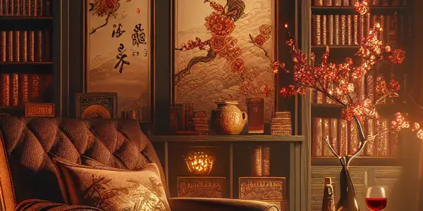 A cozy, dimly lit room with bookshelves, an armchair, wine, and romantic literature, evoking intimacy and allure.