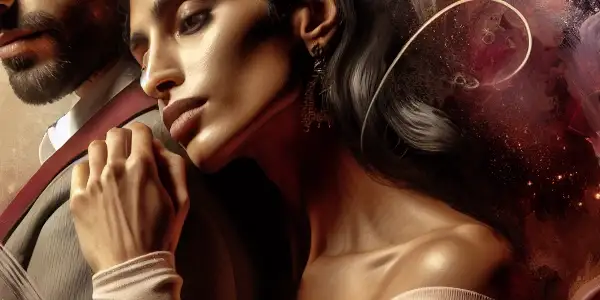 A couple in a tender embrace within a luxurious, intimate setting, embodying passion and vulnerability.