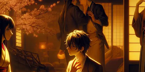 A young adult witnesses their partner being seduced in a dimly lit, traditional Japanese room, evoking emotional tension.