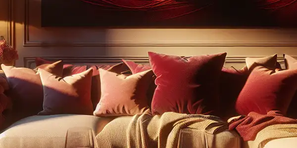 A cozy room with a sofa, wine, strawberries, and hints of intimacy and romance.