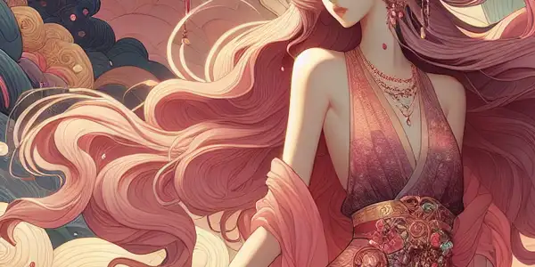 A voluptuous female character poses elegantly in a dreamy, surreal landscape filled with vibrant colors and ethereal lighting.