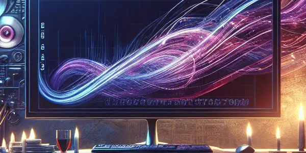 A modern computer setup in a dimly lit room, displaying a vibrant downloading application with hints of adult content.<a href=